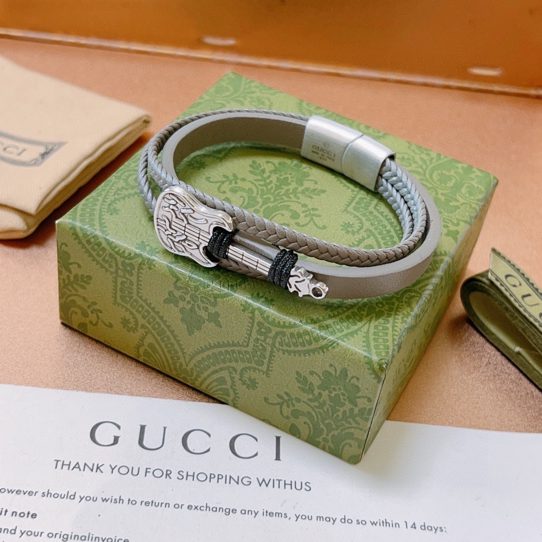 新品发售 👒🐈‍⬛Gucci古驰手绳手环最新款纯手工头层牛皮材质档次更高Anger Forest系列双G吉他🎸经典款系列复古银手链手绳 5