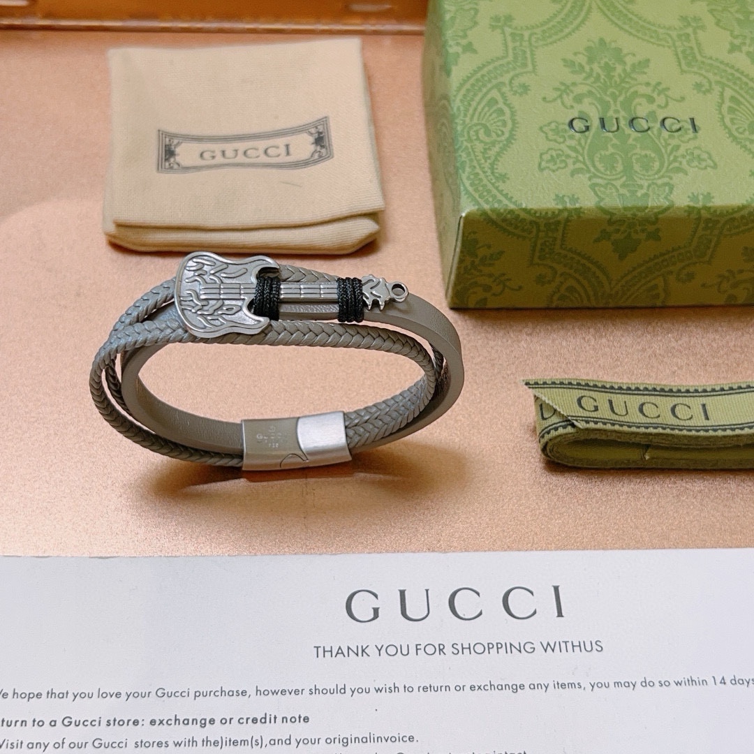 新品发售 👒🐈‍⬛Gucci古驰手绳手环最新款纯手工头层牛皮材质档次更高Anger Forest系列双G吉他🎸经典款系列复古银手链手绳 6