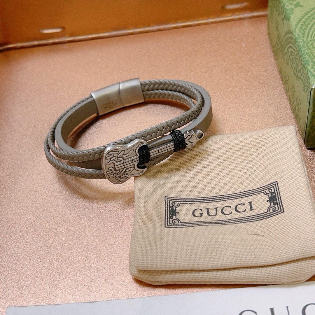 新品发售 👒🐈‍⬛Gucci古驰手绳手环最新款纯手工头层牛皮材质档次更高Anger Forest系列双G吉他🎸经典款系列复古银手链手绳 9