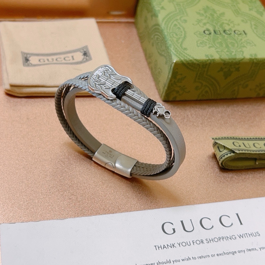 新品发售 👒🐈‍⬛Gucci古驰手绳手环最新款纯手工头层牛皮材质档次更高Anger Forest系列双G吉他🎸经典款系列复古银手链手绳 2