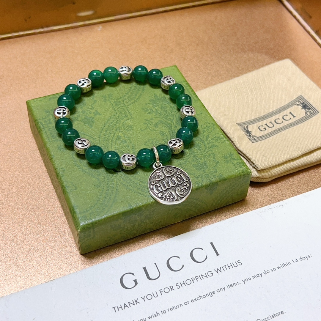 新品发布Gucci古驰手链男女同款 最新款绿玛瑙石手链档次更高Anger Forest系列双g手链 8
