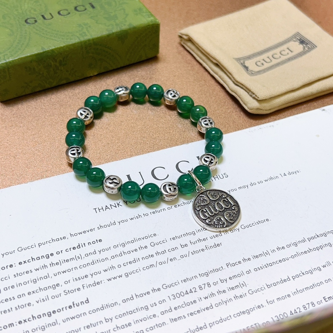 新品发布Gucci古驰手链男女同款 最新款绿玛瑙石手链档次更高Anger Forest系列双g手链 7