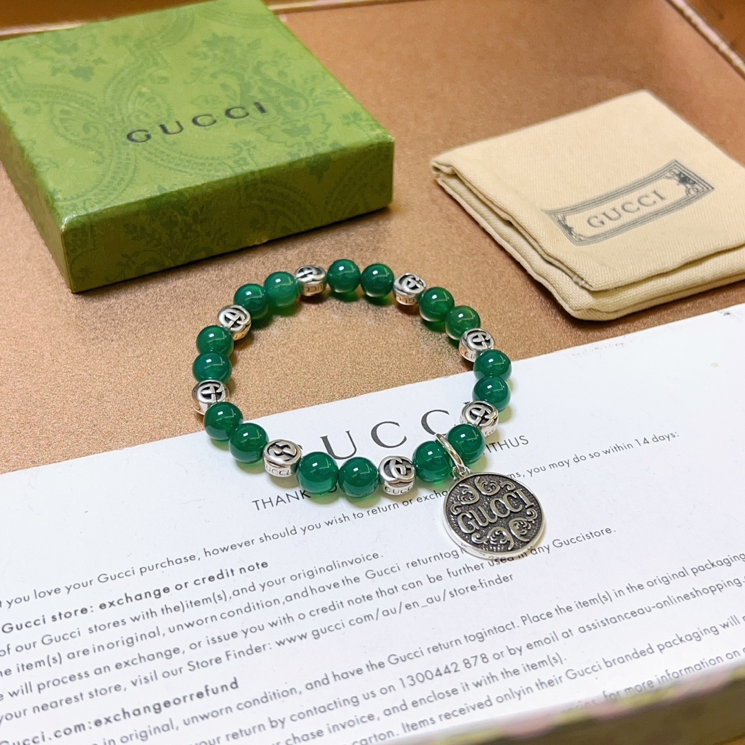新品发布Gucci古驰手链男女同款 最新款绿玛瑙石手链档次更高Anger Forest系列双g手链 5