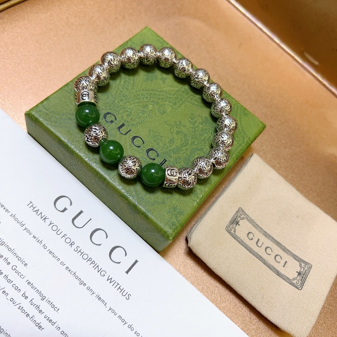 Gucci古驰手链👨👩奢华手串 男女同款 最新款全件绿玛瑙串珠手链档次更高Anger Forest系列双g复古古驰手链 4