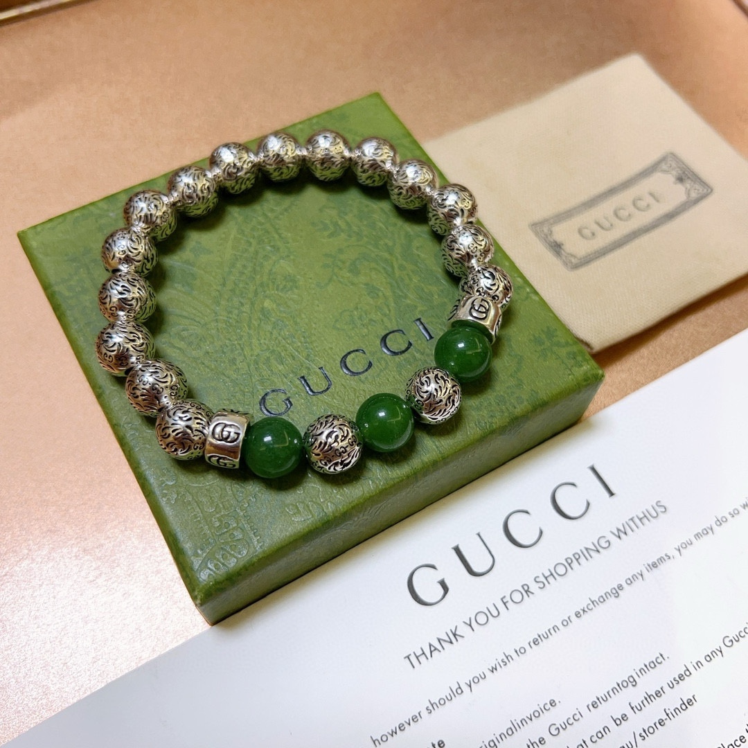 Gucci古驰手链👨👩奢华手串 男女同款 最新款全件绿玛瑙串珠手链档次更高Anger Forest系列双g复古古驰手链 7