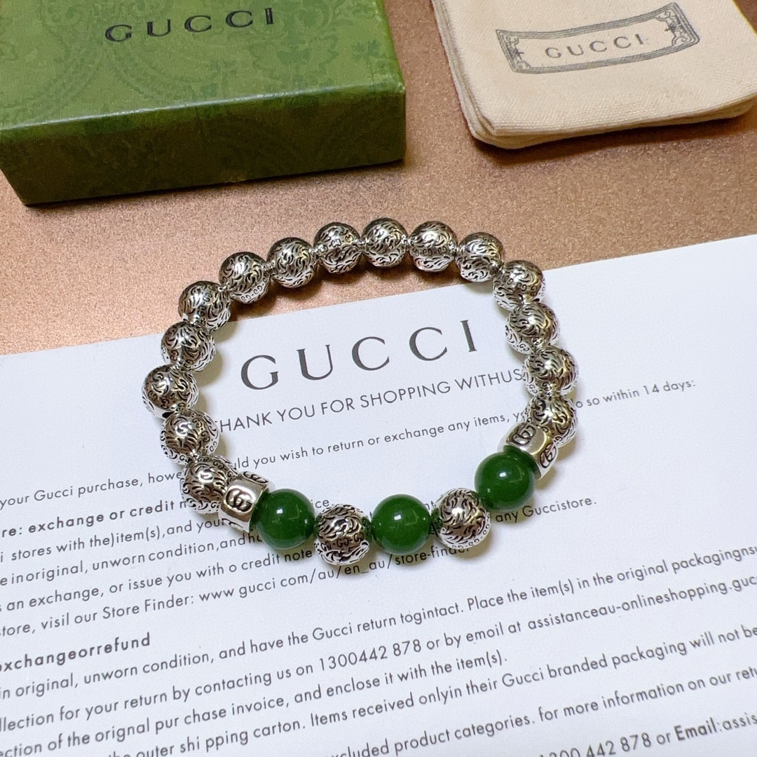 Gucci古驰手链👨👩奢华手串 男女同款 最新款全件绿玛瑙串珠手链档次更高Anger Forest系列双g复古古驰手链 5