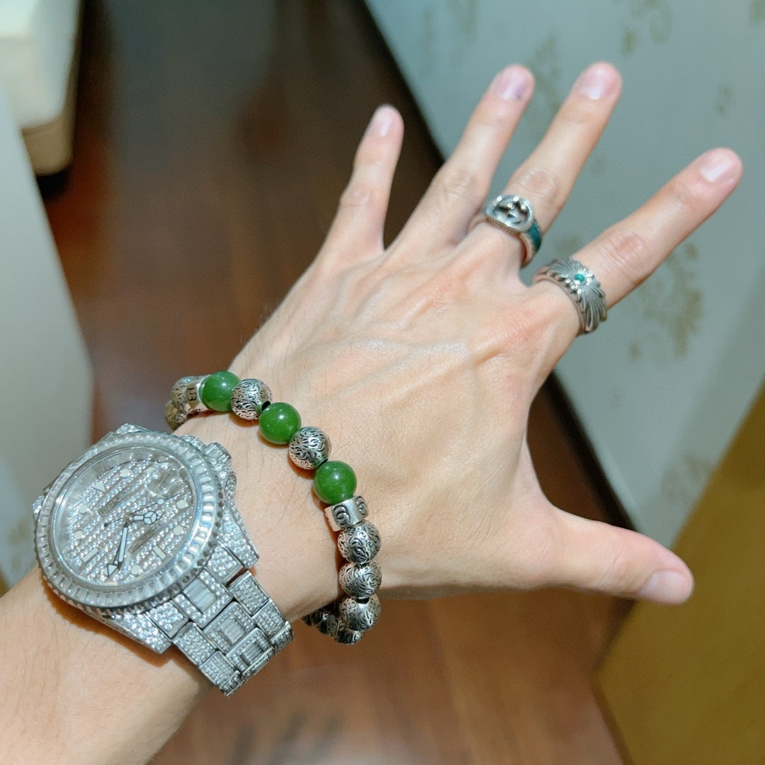 Gucci古驰手链👨👩奢华手串 男女同款 最新款全件绿玛瑙串珠手链档次更高Anger Forest系列双g复古古驰手链 3