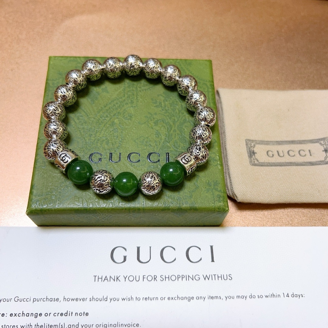 Gucci古驰手链👨👩奢华手串 男女同款 最新款全件绿玛瑙串珠手链档次更高Anger Forest系列双g复古古驰手链 2