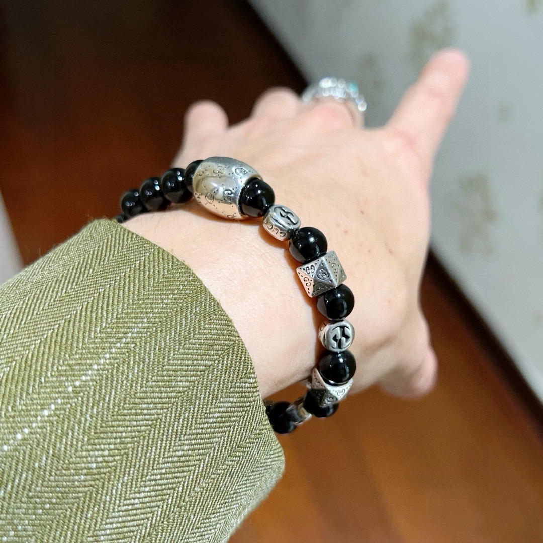 Gucci古驰手链男女同款 最新款天然黑玛瑙手链档次更高Anger Forest系列双g黑玛瑙水晶手链 3