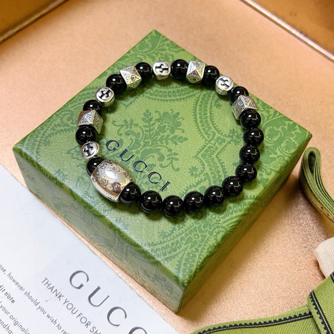 Gucci古驰手链男女同款 最新款天然黑玛瑙手链档次更高Anger Forest系列双g黑玛瑙水晶手链 2