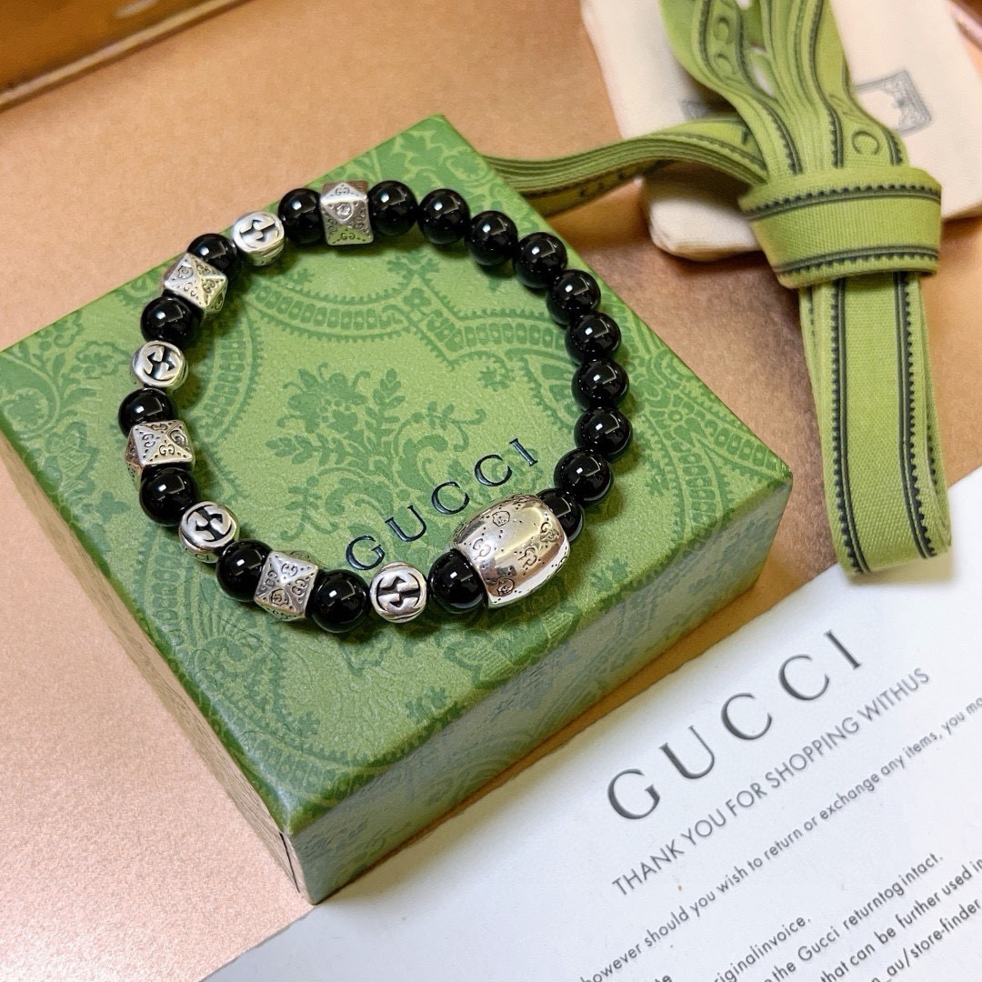 Gucci古驰手链男女同款 最新款天然黑玛瑙手链档次更高Anger Forest系列双g黑玛瑙水晶手链 7