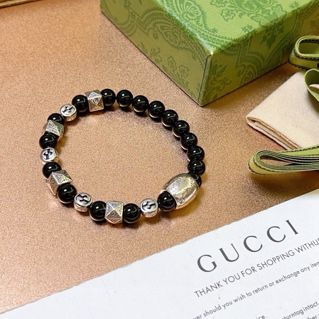 Gucci古驰手链男女同款 最新款天然黑玛瑙手链档次更高Anger Forest系列双g黑玛瑙水晶手链 5