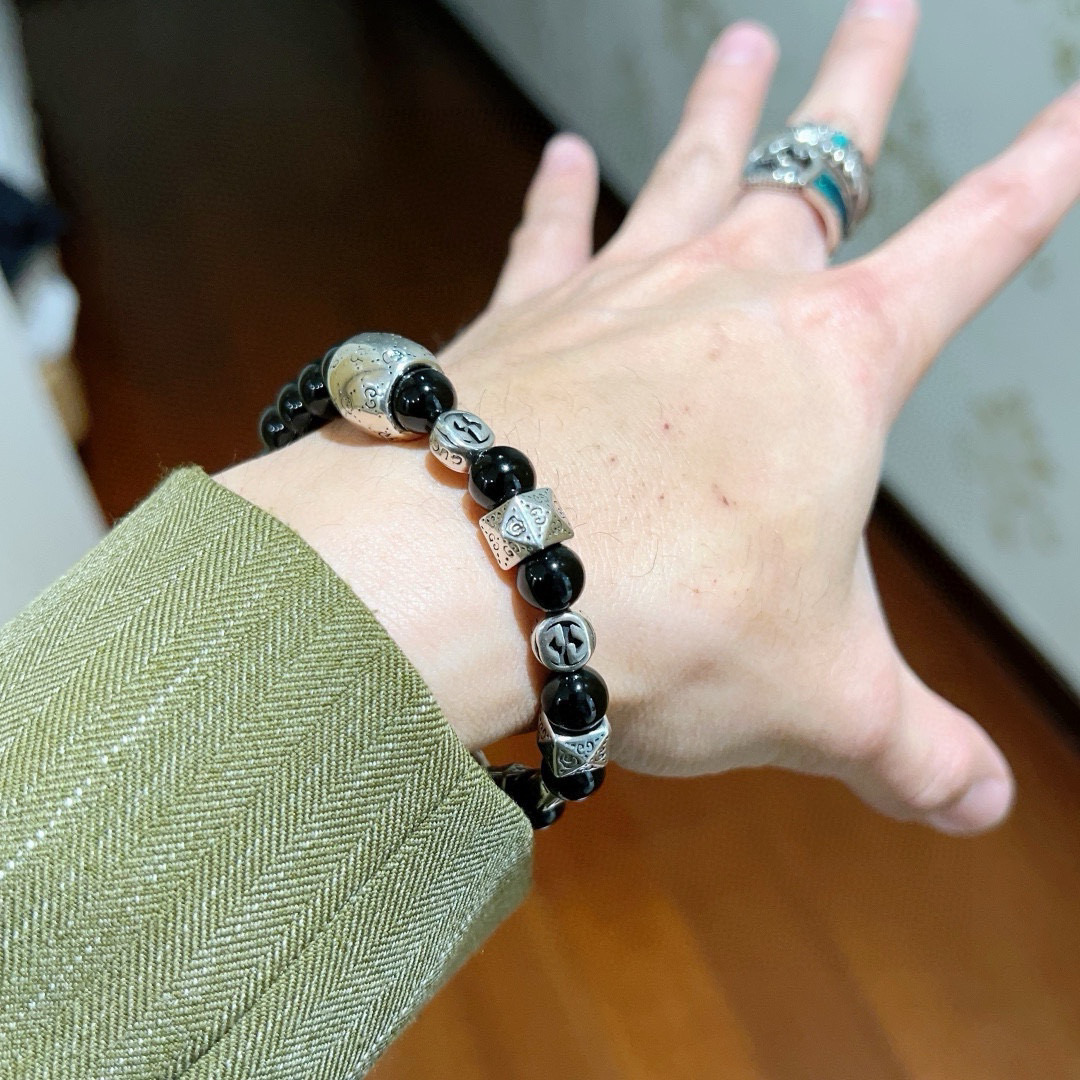 Gucci古驰手链男女同款 最新款天然黑玛瑙手链档次更高Anger Forest系列双g黑玛瑙水晶手链 6