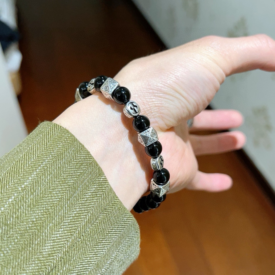 Gucci古驰手链男女同款 最新款天然黑玛瑙手链档次更高Anger Forest系列双g黑玛瑙水晶手链 4