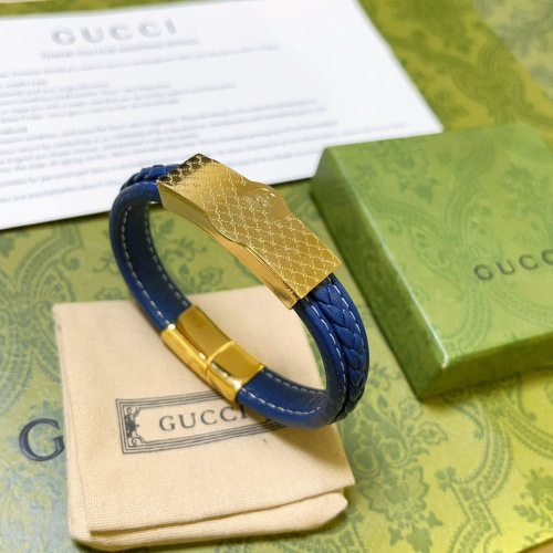 Gucci Anger Forest Double G Blue Leather Bracelet with Aged Gold Finish