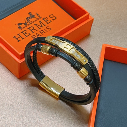 Hermes Anger Forest Series Leather Bracelet, 18K Gold Plated