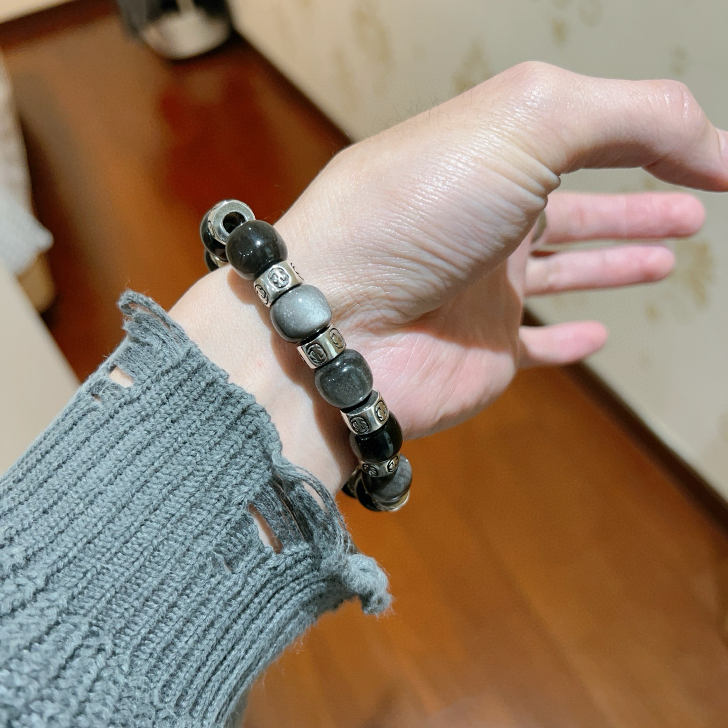   新品发布会👒古驰手链天然石专柜精工版本天然黑曜石古驰手链 🇷🇼黑曜石泰银风格古驰手链 明星同款男女款