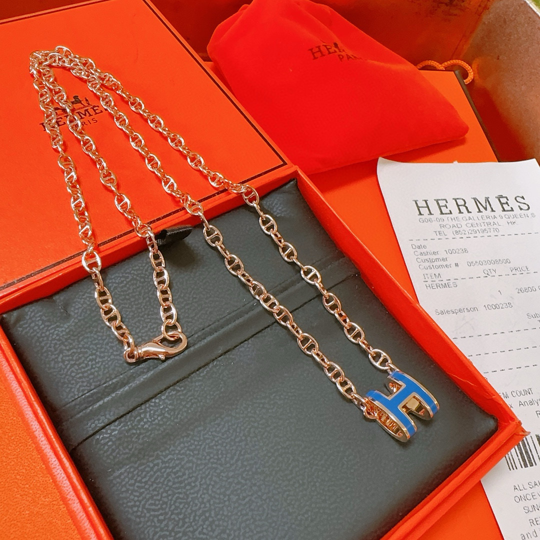  🌀🌟HERMES  爱马仕项链 H字母椭圆系列首饰 进口珐琅镀.猪鼻子链条经典搭配 边上logo清晰，
