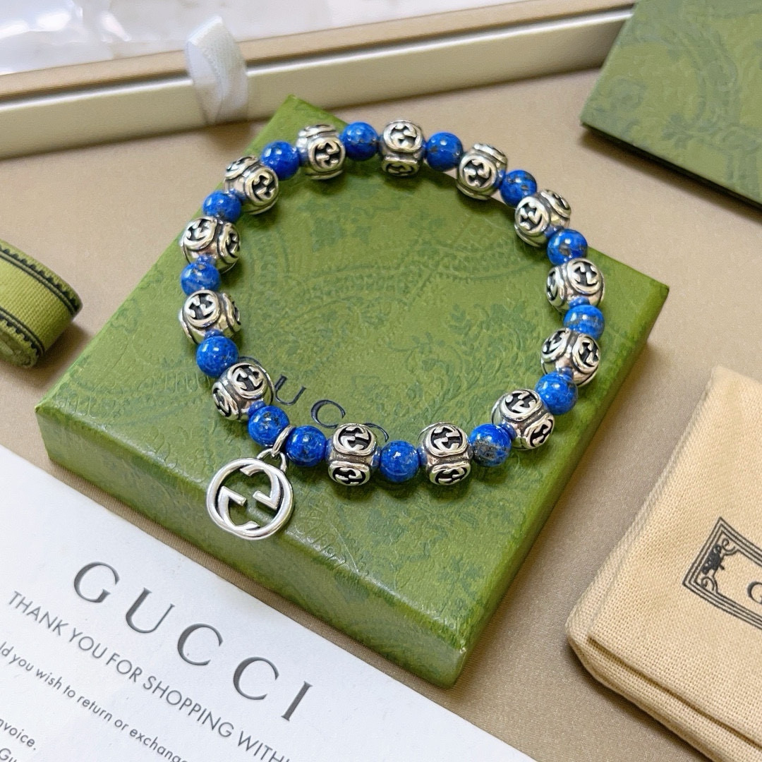  古驰手链专柜精工版本天然青金石古驰手链 🇷🇼青金石泰银Gucci手链 明星同款男女款 复古做旧风 原
