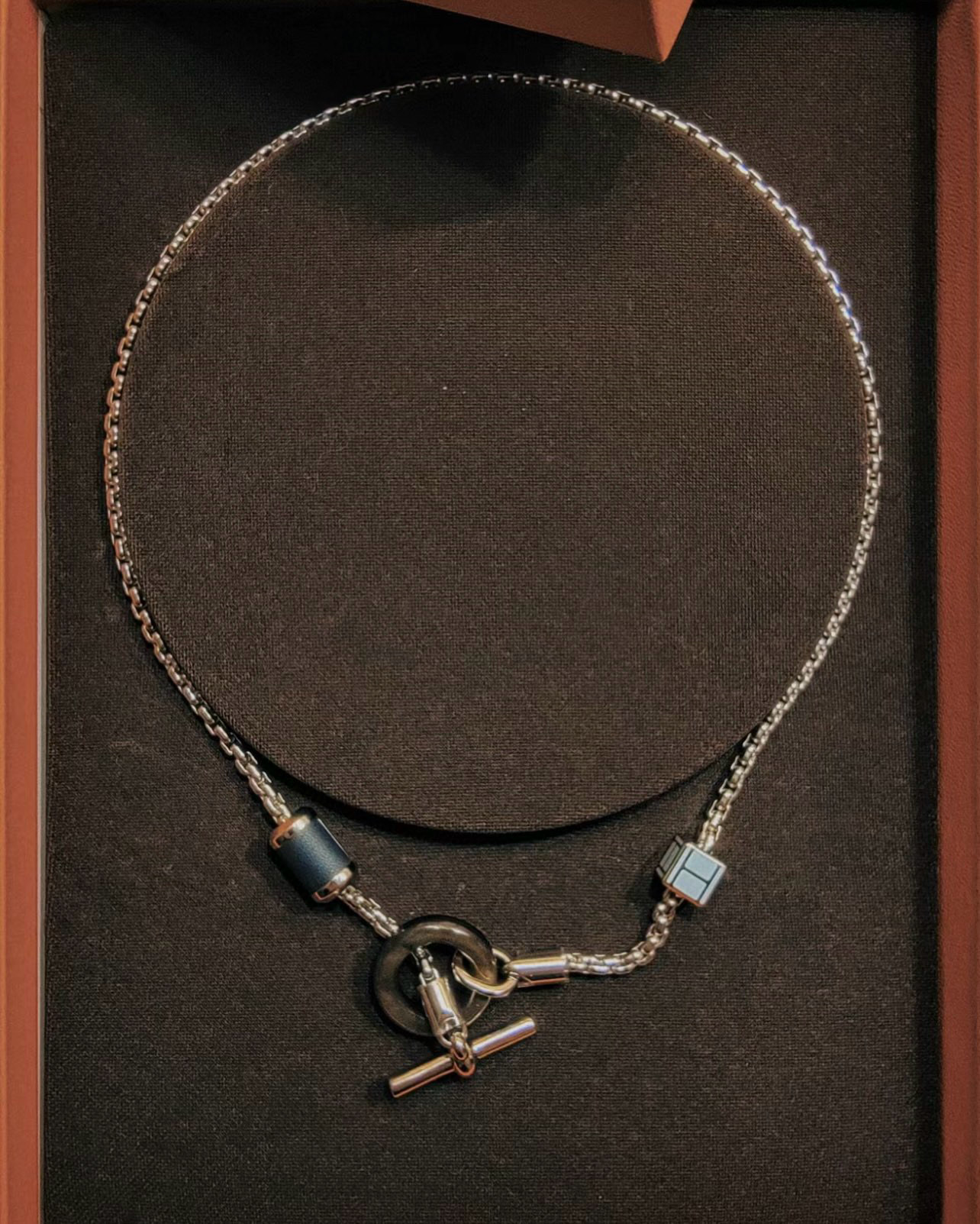 HERMES Necklace Black Ring Matte Gold 18k White Gold Plated