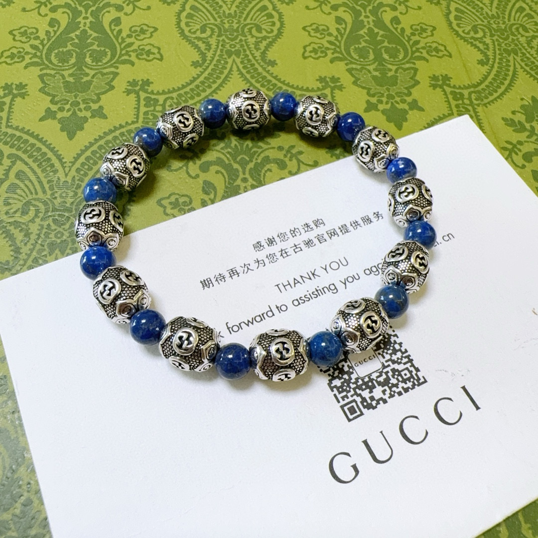   古驰手链专柜精工版本天然青金石古驰手链 🇷🇼青金石泰银Gucci手链 明星同款男女款 复古做旧风 原