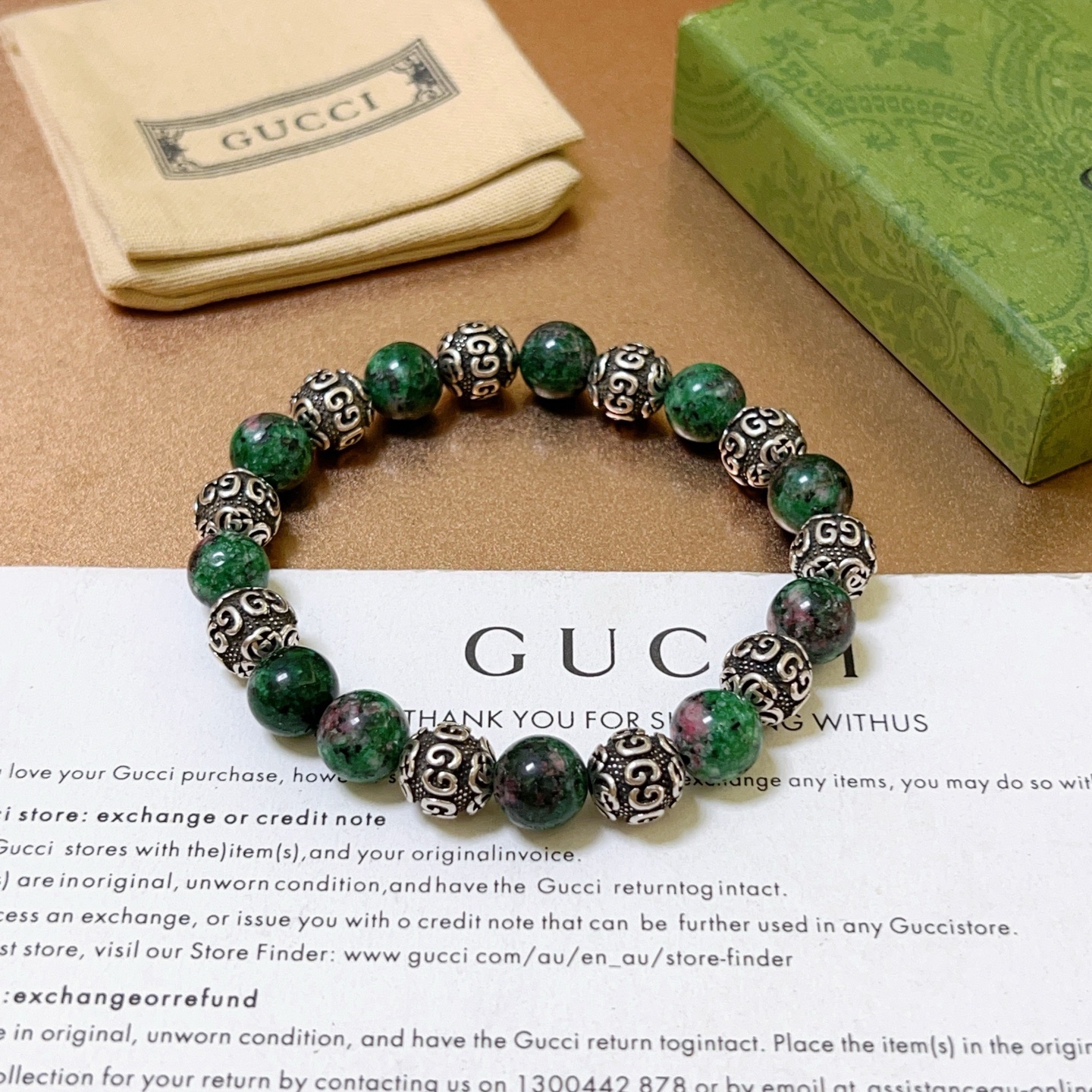   𝐆𝐮𝐜𝐜𝐢古驰手链男女同款 最新款天然石绿翡花手链档次更高明星同款Anger Forest系列双g玛
