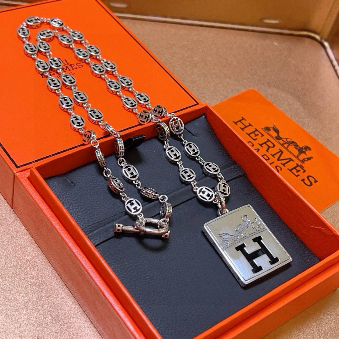 HERMES Necklace H Disc Silver Chain