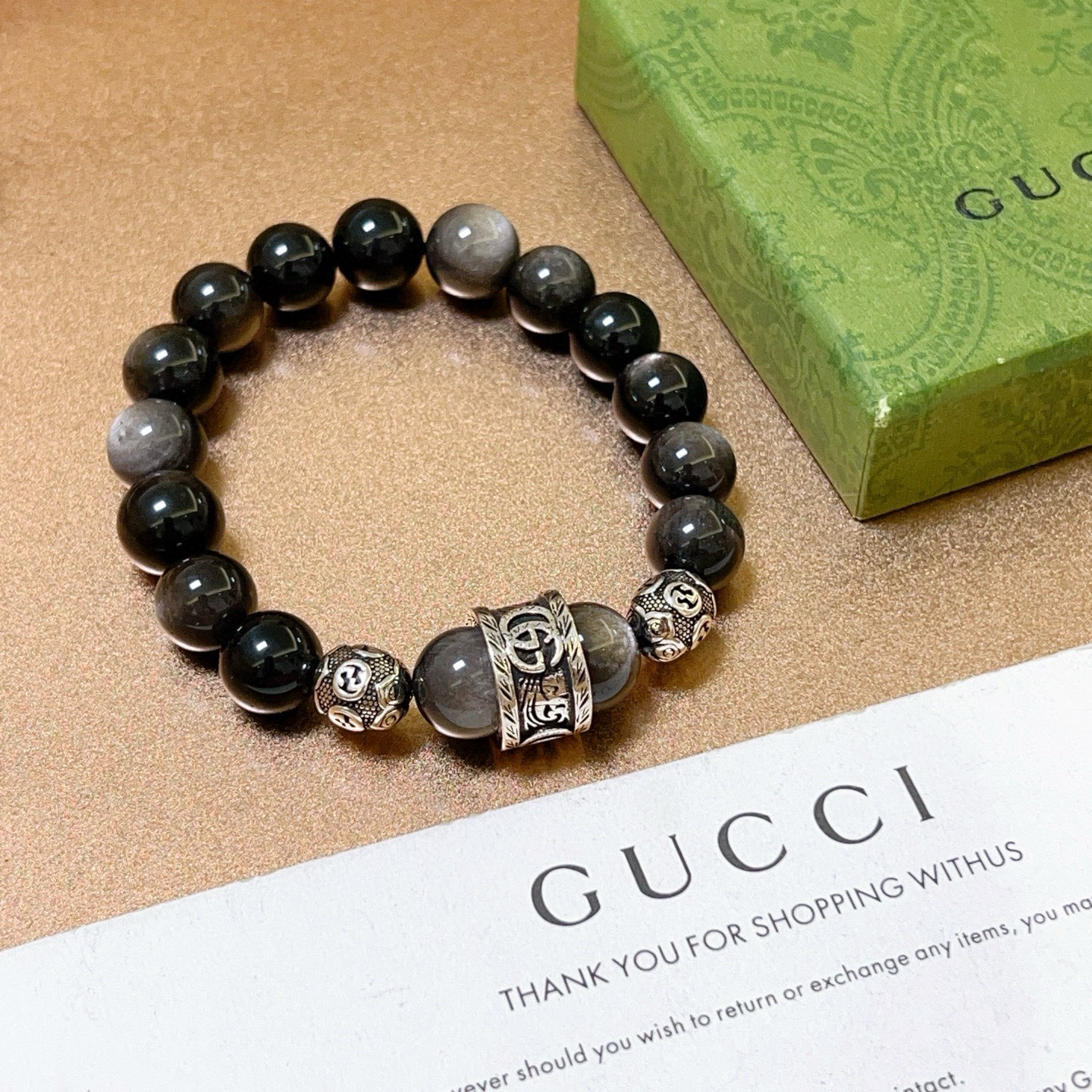 NO:378584,Batch New product launch conference Gucci bracelet natural stone counter precision version natural obsidian Gucci bracelet Obsidian Thai silver style Gucci bracelet Celebrity same style men and women Retro old style Original replica Pure handmade ~ Genuine mold opening trend and fashion essentials for both men and women Can wear couple style Rock Punk Thai silver style Retro elements Trendy and versatile Super like to place orders Remarks size 16 cm to 24 cm, jewelry boutique, gucci, bracelet19860909批 新品发布会古驰手链天然石专柜精工版本天然黑曜石古驰手链 黑曜石泰银风格古驰手链 明星同款男女款 复古做旧风 原版复刻 纯手工打造 ～正品开模潮流时尚必备 男女均可佩戴 情侣款同款 摇滚朋克泰银风格 复古元素 潮流百搭 超级喜欢下单备注尺寸 16厘米到24厘米,饰品精品,gucci,bracelet,Jewelry