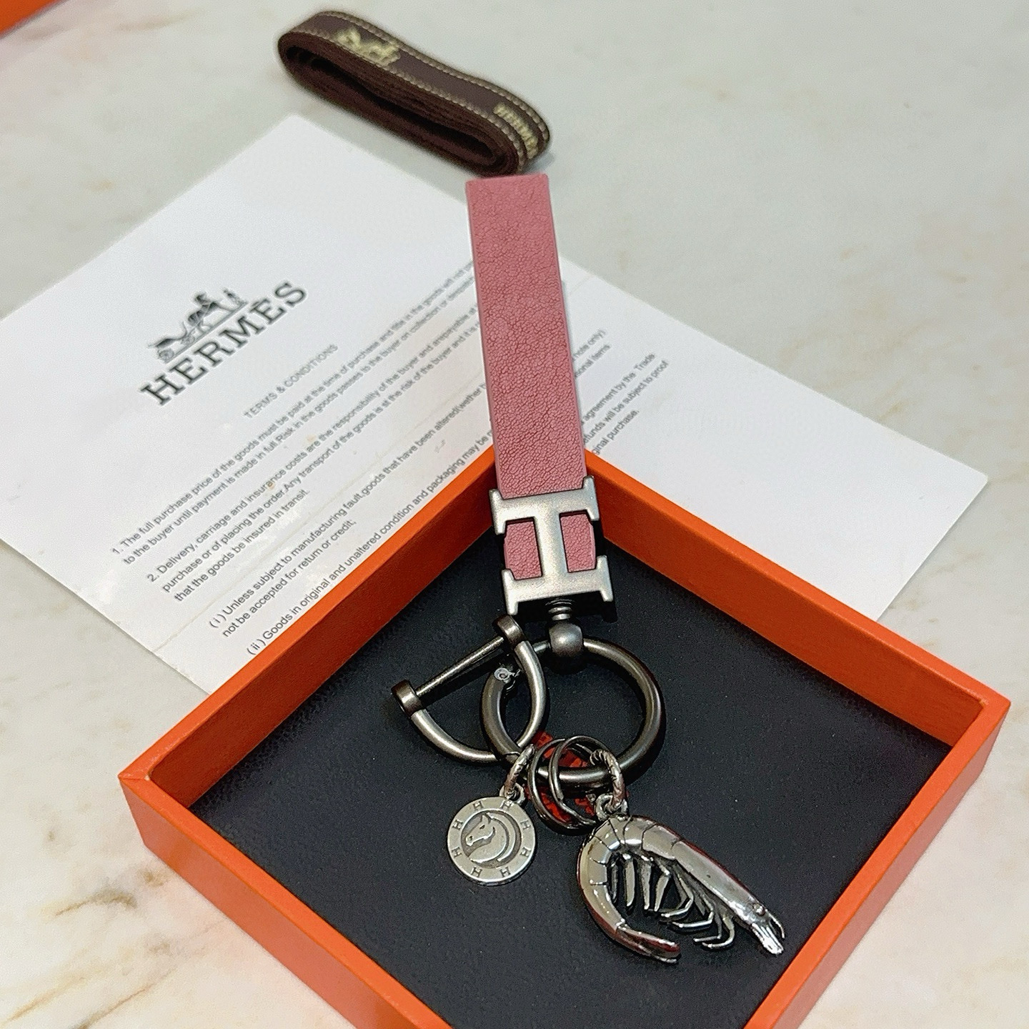Hermes H Logo Shrimp Charm Keychain pendant Gunmetal silver-tone metal dusty pink leather silver-tone shrimp charm silver-tone horse medallion 10cm