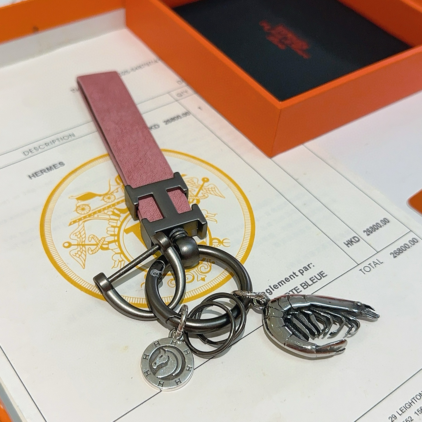 Hermes H Logo Shrimp Charm Keychain pendant Gunmetal silver-tone metal dusty pink leather silver-tone shrimp charm silver-tone horse medallion 10cm