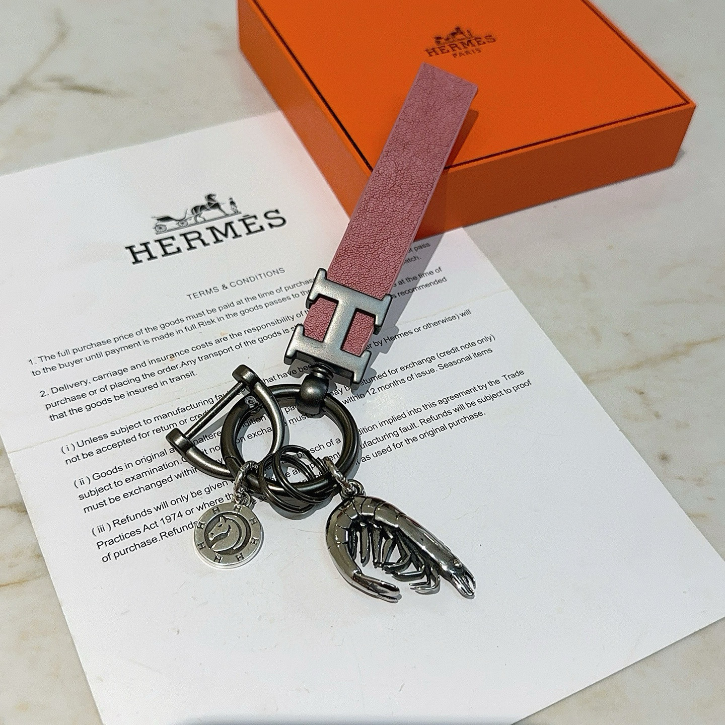 Hermes H Logo Shrimp Charm Keychain pendant Gunmetal silver-tone metal dusty pink leather silver-tone shrimp charm silver-tone horse medallion 10cm