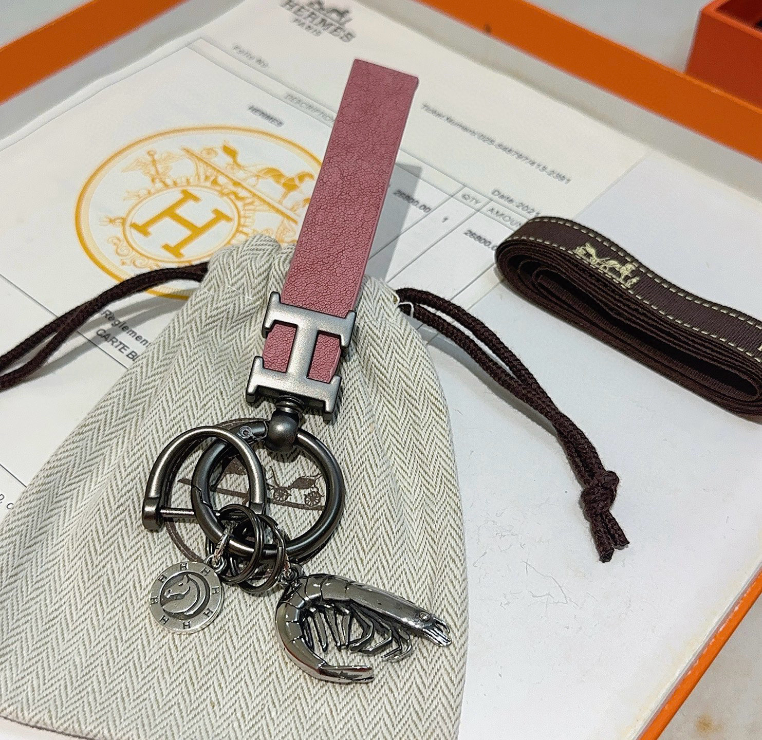 Hermes H Logo Shrimp Charm Keychain pendant Gunmetal silver-tone metal dusty pink leather silver-tone shrimp charm silver-tone horse medallion 10cm