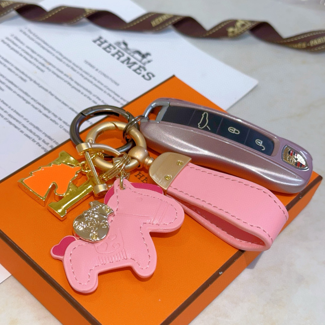 Hermes Rodeo Horse H Logotipo chave pingente pingente couro rosa dourado metal laranja esmalte rosa quente sotaque 10 cm comprimento total