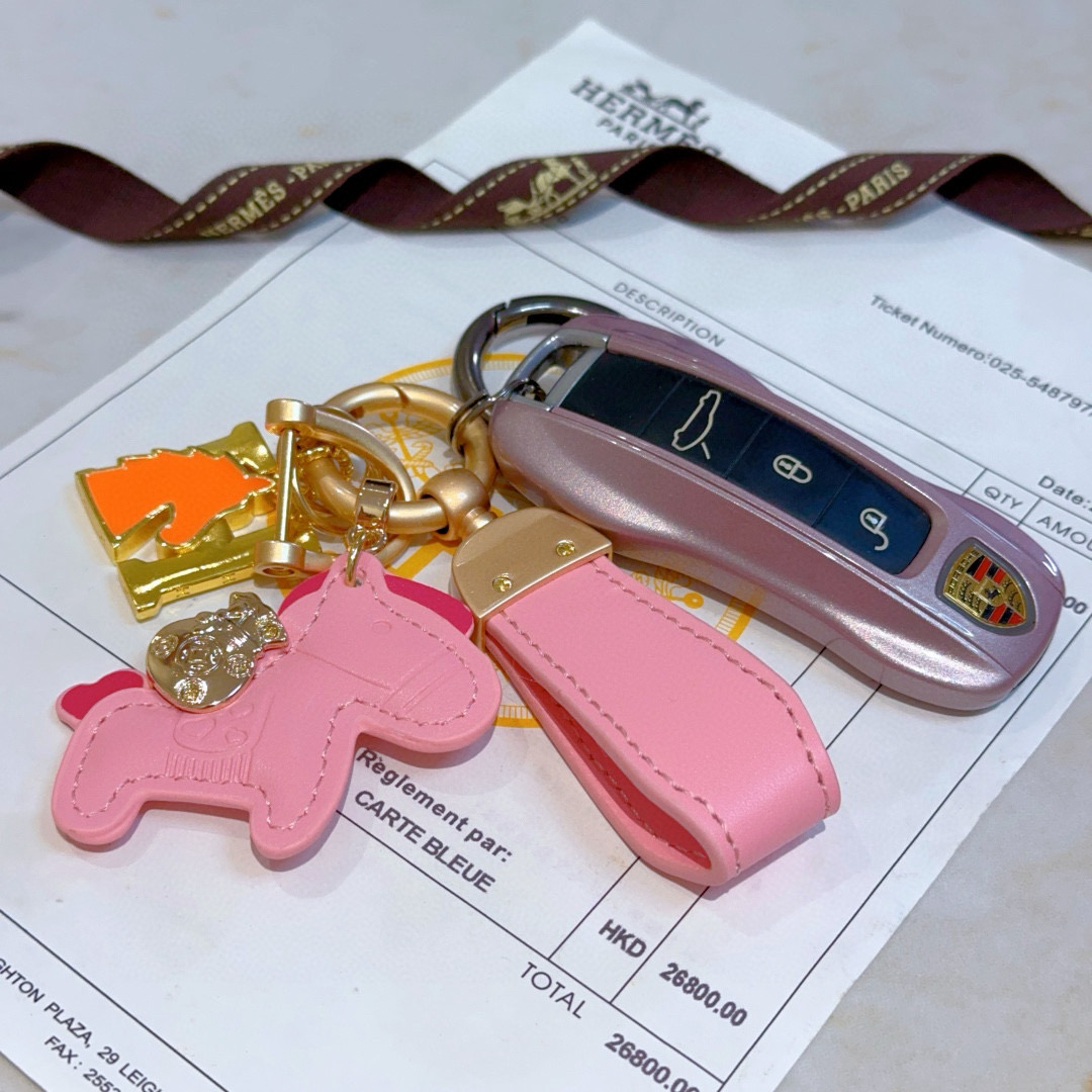 Hermes Rodeo Horse H Logotipo chave pingente pingente couro rosa dourado metal laranja esmalte rosa quente sotaque 10 cm comprimento total