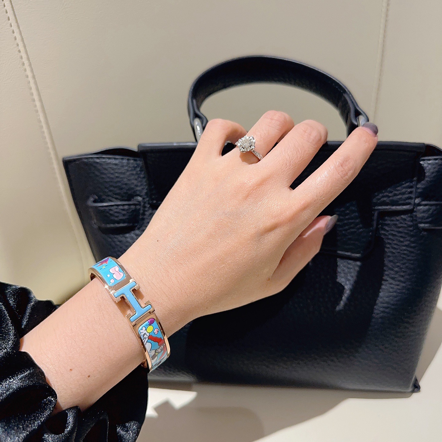 Hermes Clic Clac H bracelet Rose gold plated metal with light blue enamel featuring multicolor cartoon print PM