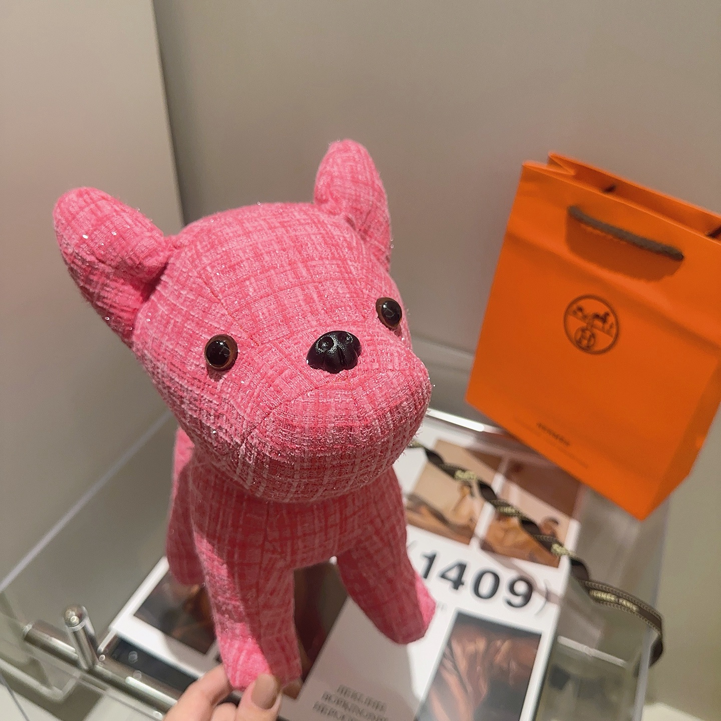 Hermes Buldog Plush brooch Pink fabric with black plastic accents 28cm