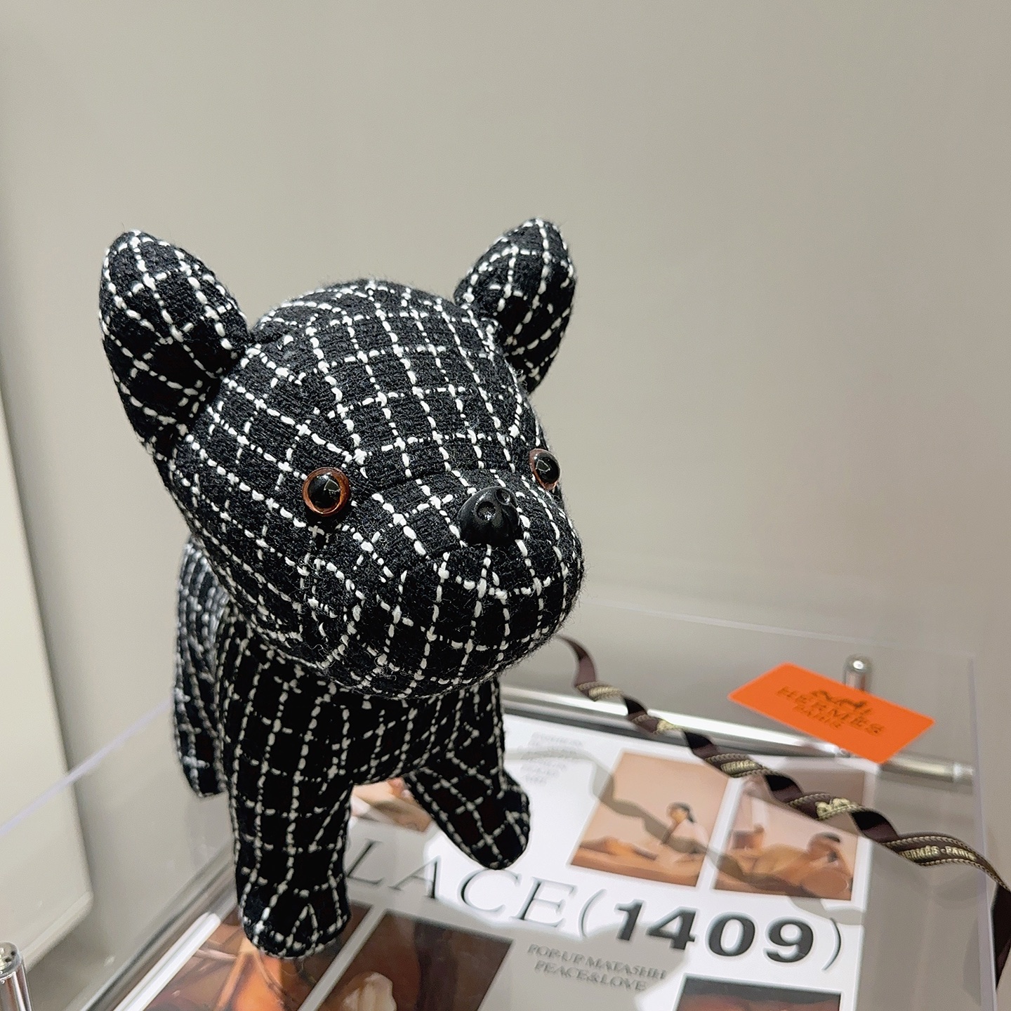Hermes French Bulldog Plush brooch black fabric with white grid pattern brown eyes black nose 28cm