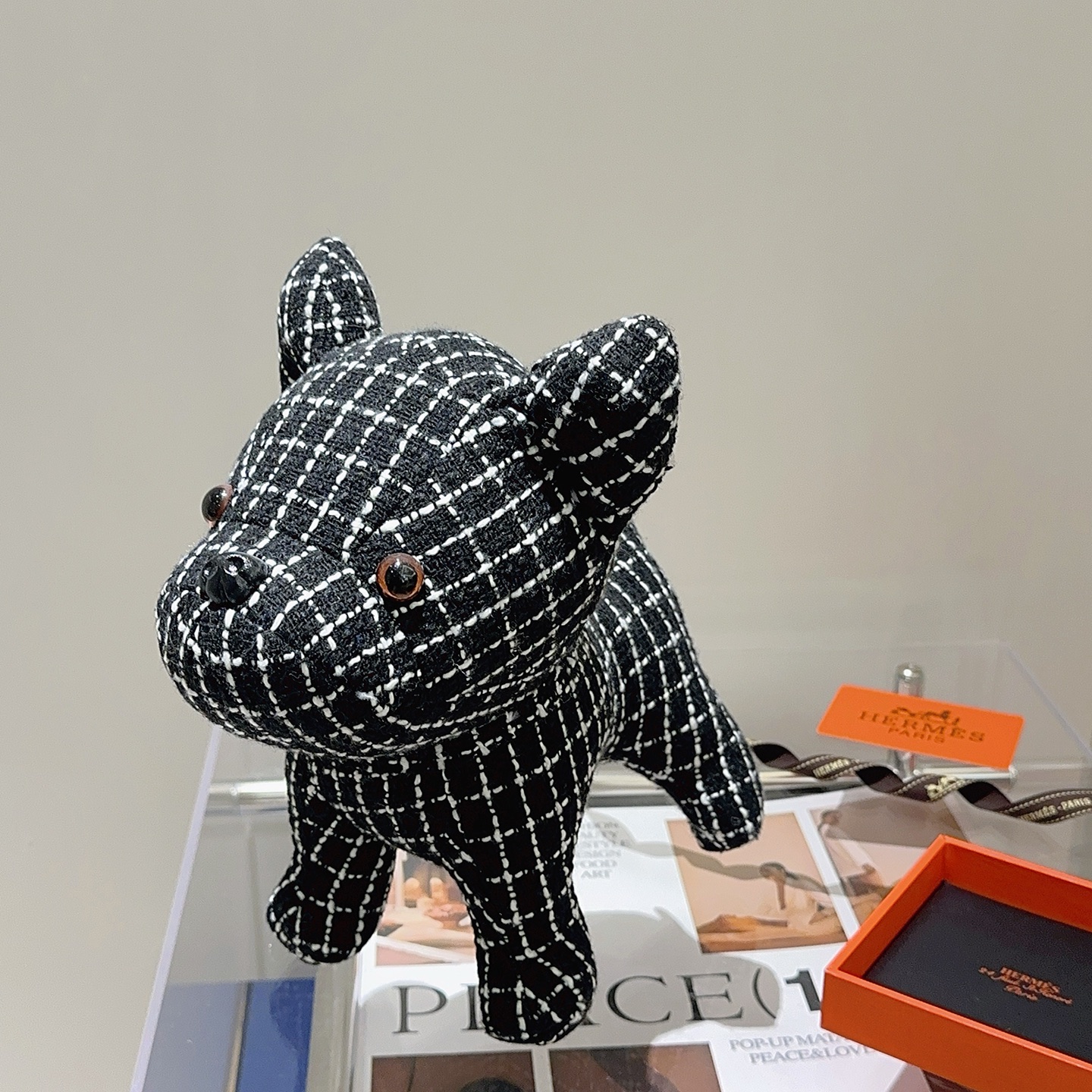 Hermes French Bulldog Plush brooch black fabric with white grid pattern brown eyes black nose 28cm