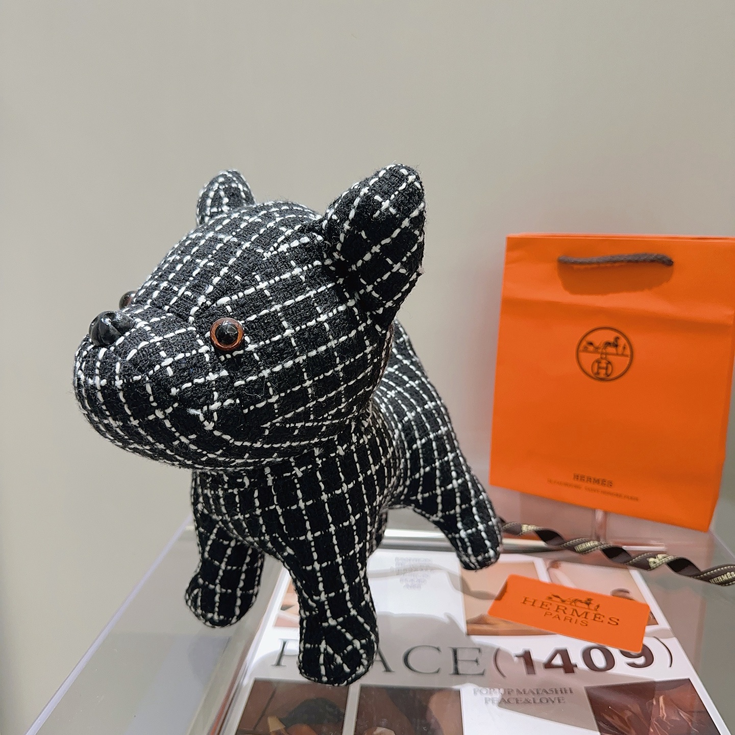 Hermes French Bulldog Plush brooch black fabric with white grid pattern brown eyes black nose 28cm