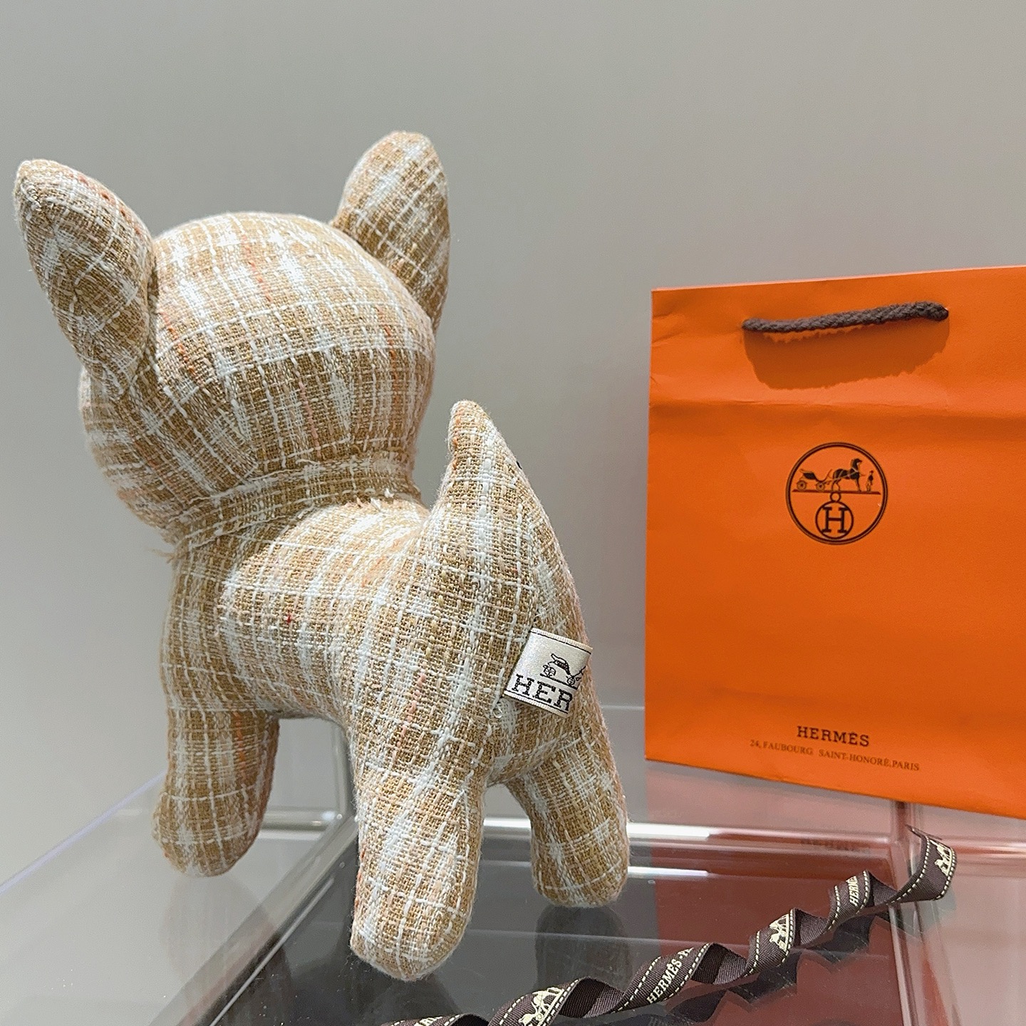 Hermes French Bulldog Plush Charm pendant Beige white tweed fabric with black plastic nose and brown plastic eyes 28cm