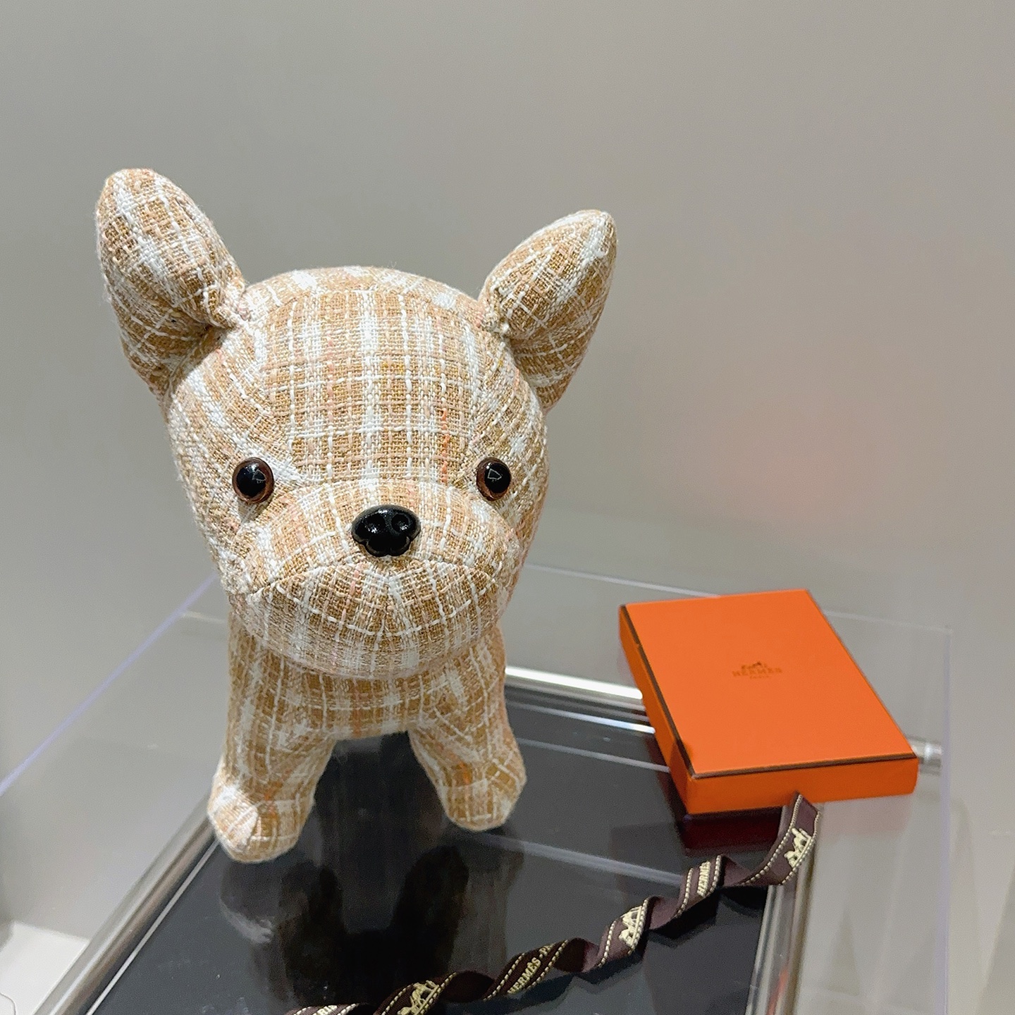 Hermes French Bulldog Plush Charm pendant Beige white tweed fabric with black plastic nose and brown plastic eyes 28cm