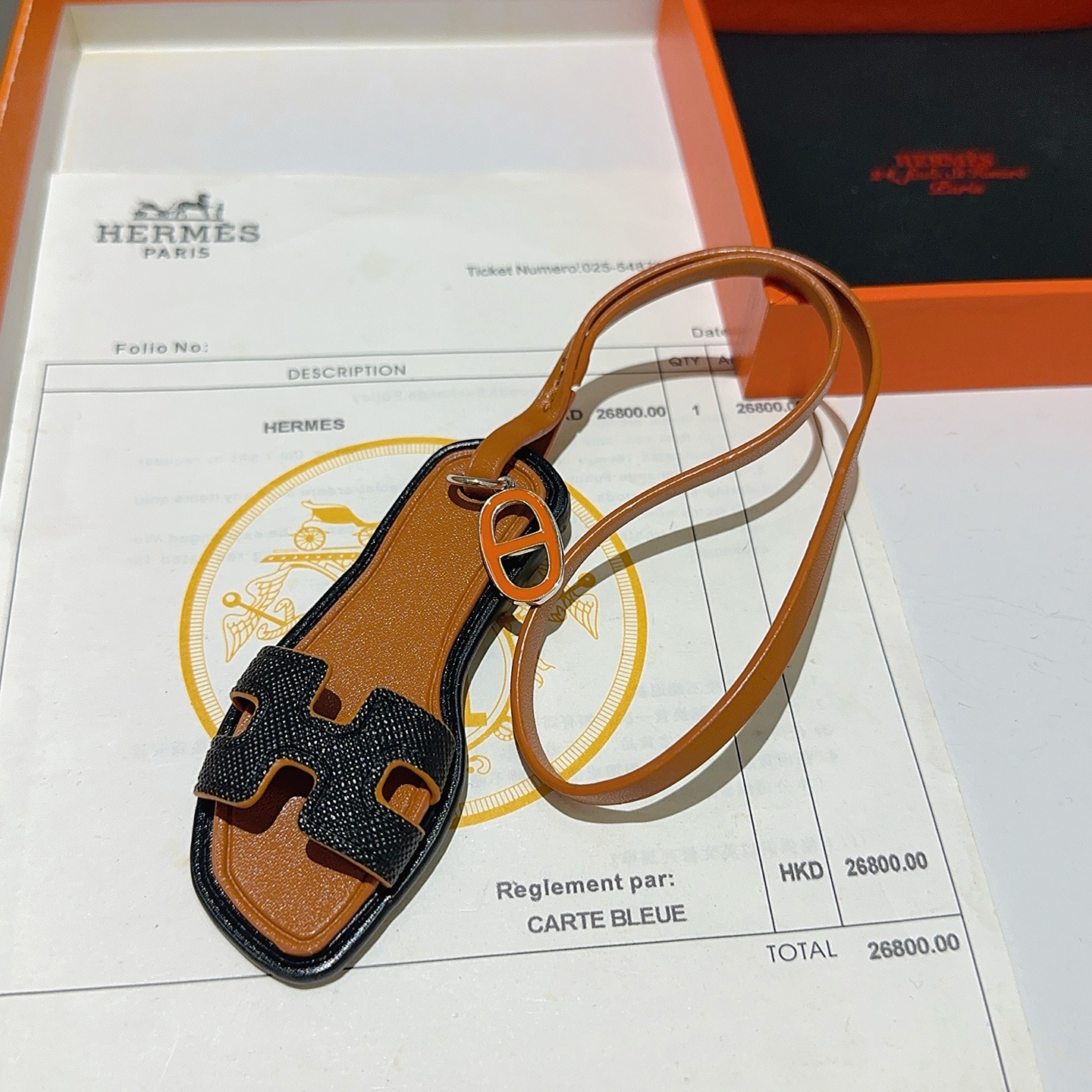 Hermes Oran Sandal Bag Charm pendant tan leather black grained leather orange enamel silver metal 18cm strap length
