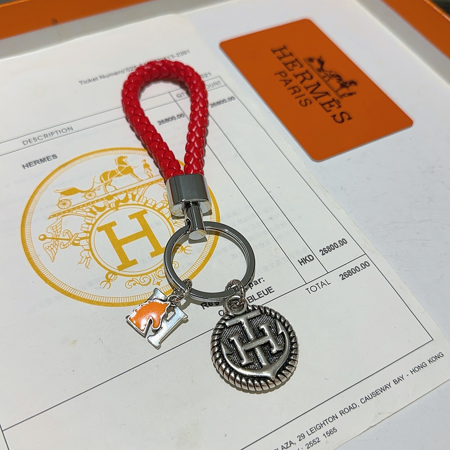 Hermes H Logo Anchor Braided Keychain pendant Red braided leather silver-tone metal orange enamel 10cm total length