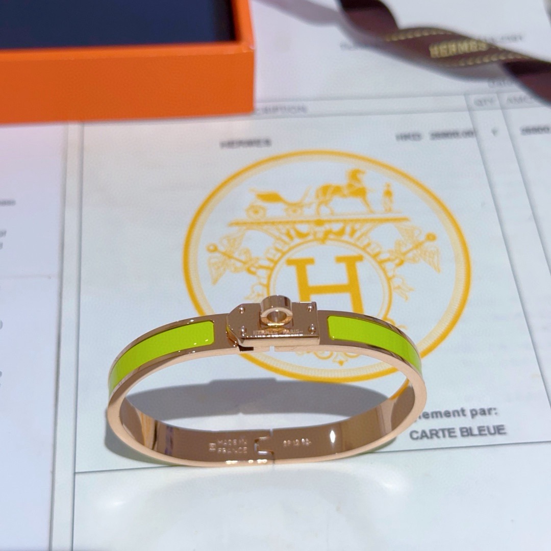Bracelet Hermes Mini Clic Kelly Métal doré rose et émail jaune citron PM