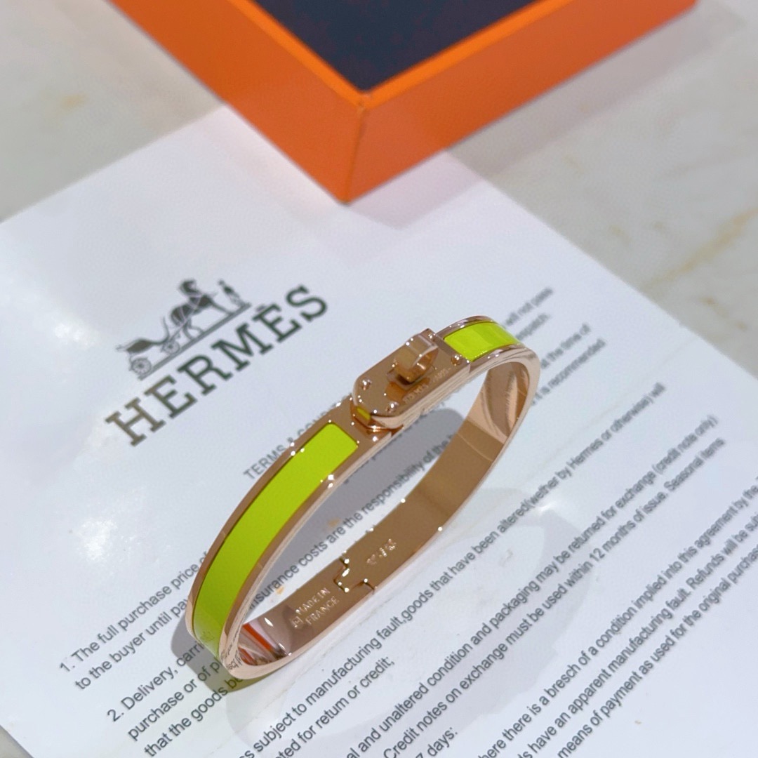 Bracelet Hermes Mini Clic Kelly Métal doré rose et émail jaune citron PM