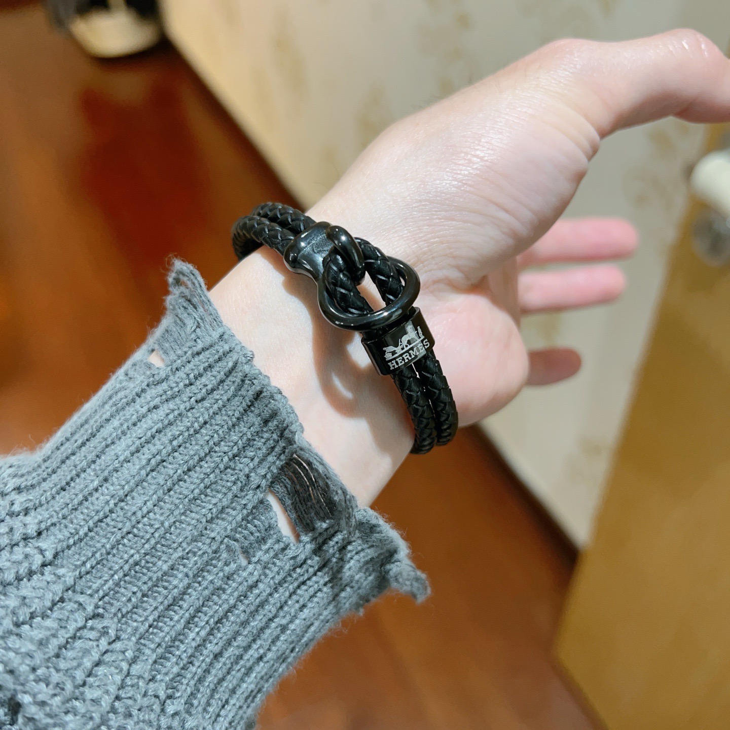Hermes New H bracelet Black braided leather with gunmetal black hardware 19cm