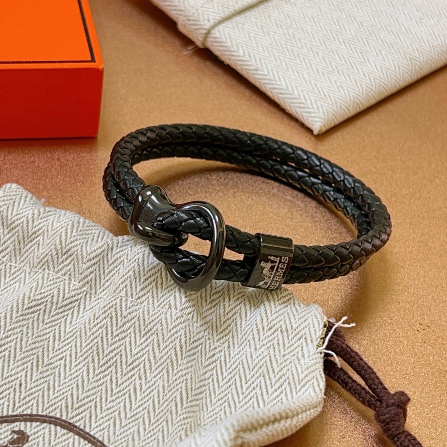 Hermes New H bracelet Black braided leather with gunmetal black hardware 19cm