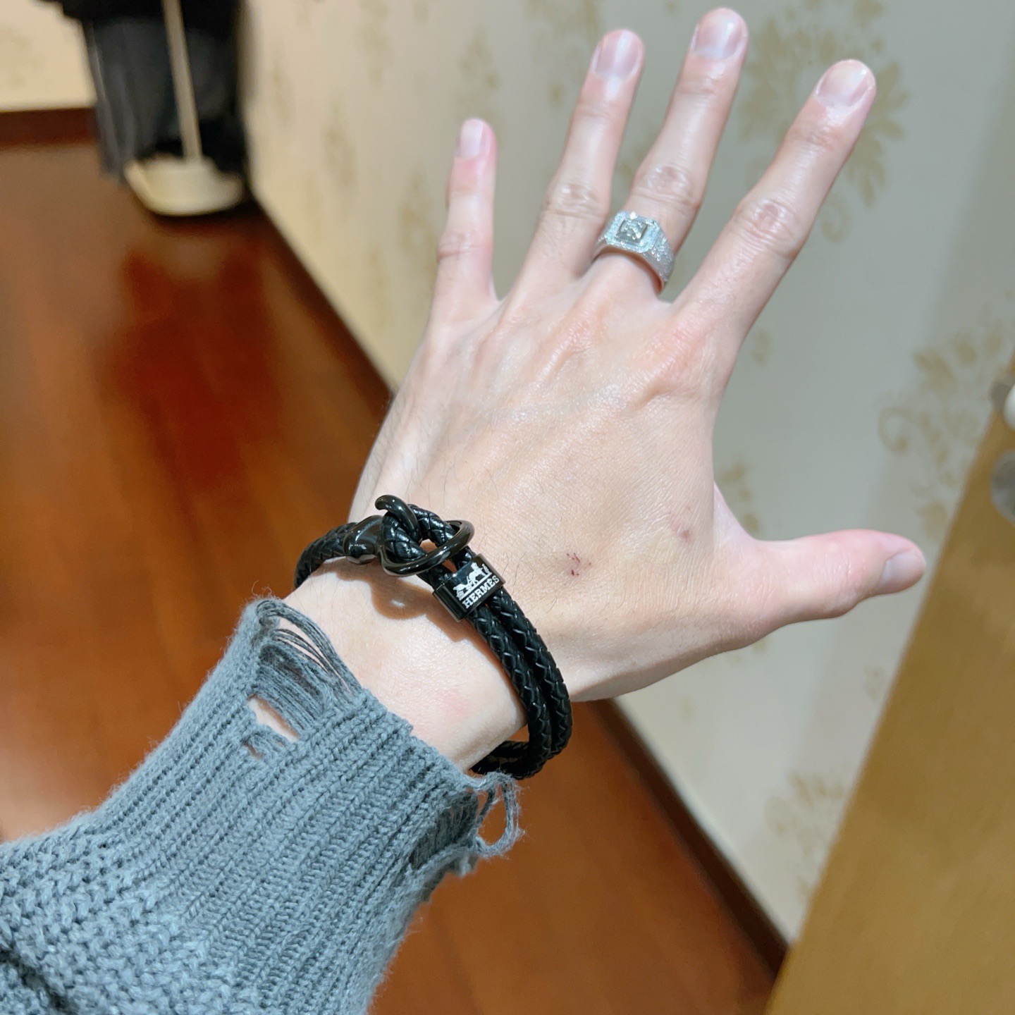 Hermes New H bracelet Black braided leather with gunmetal black hardware 19cm