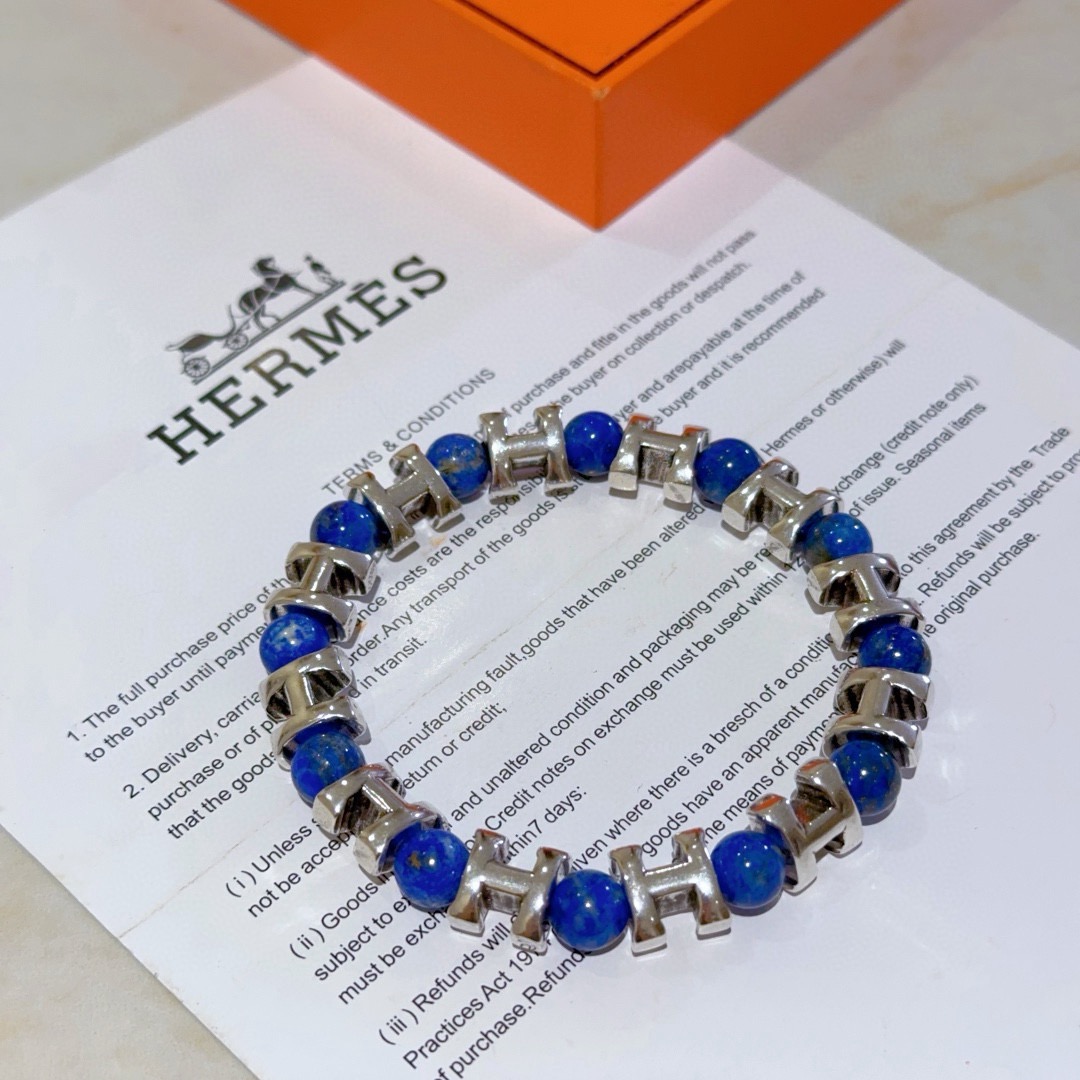 Hermes Anger Forest H bracelet silver metal with blue lapis lazuli beads 19cm
