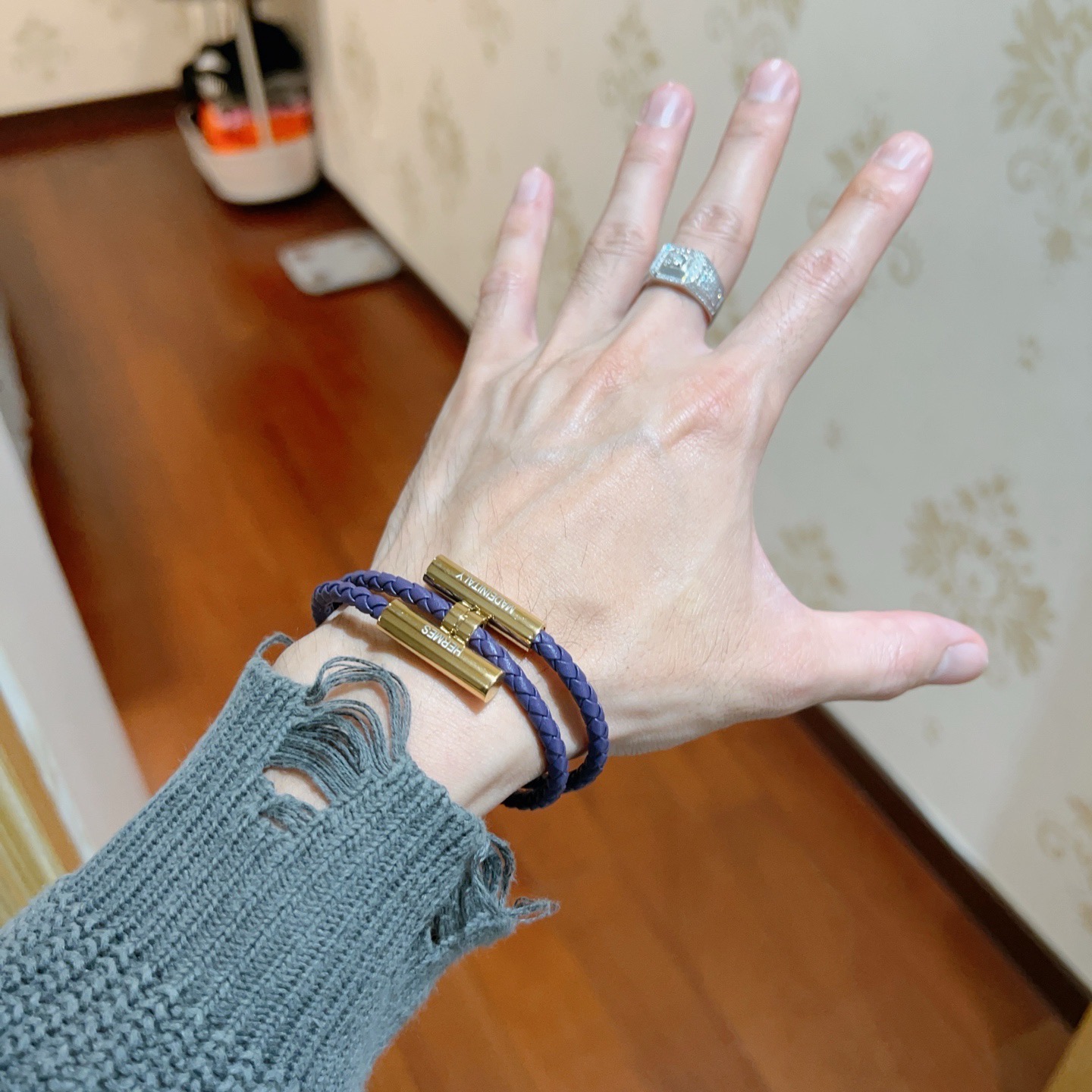 Hermes Tournis Tresse bracelet Purple braided leather gold-tone metal hardware 38cm